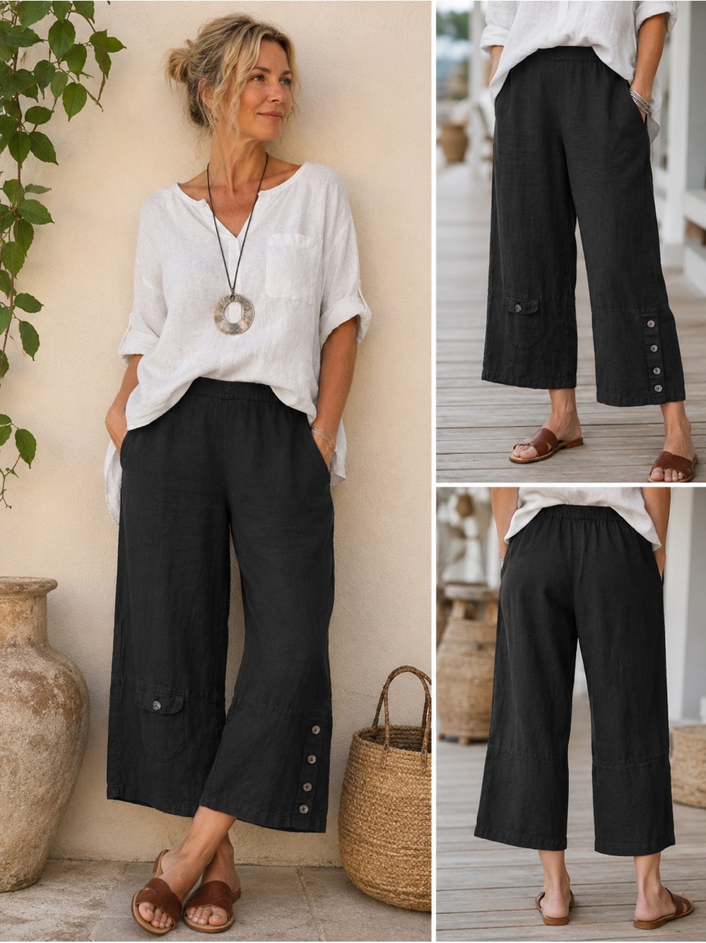 Black Linen Wide Leg Crop Pants Pull On Elastic Waist Large
